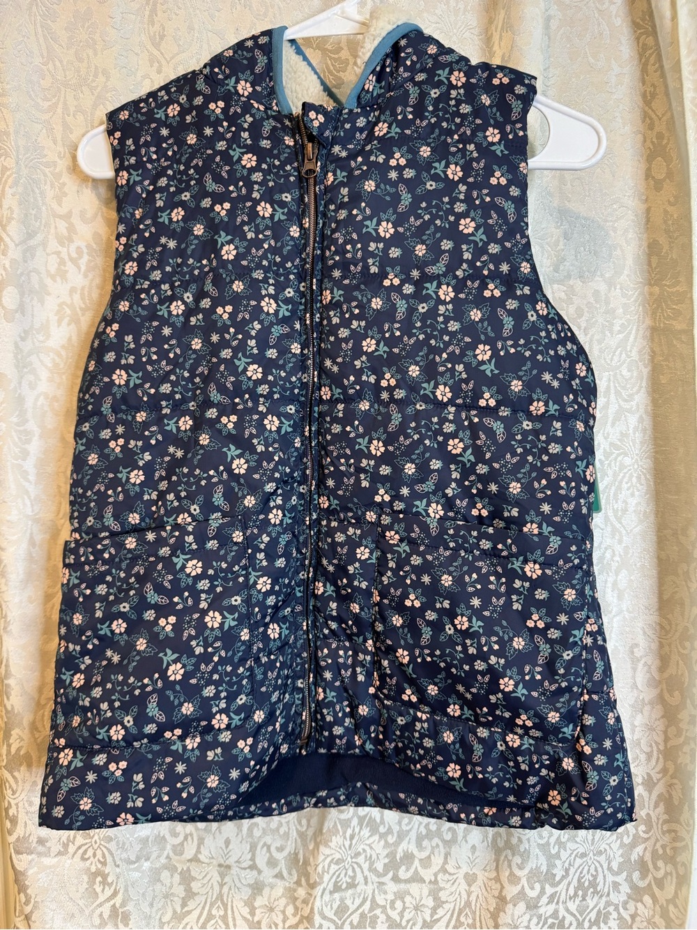 NWT Copper Key Big Girls Navy Floral Quilted Puffer Vest Sherpa Hood Sz 14/16